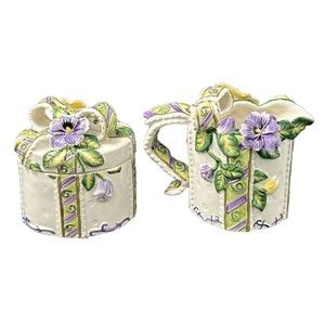 Pansy Bone China Sugar and Creamer by CIB in Box Yellow Green and Purple
